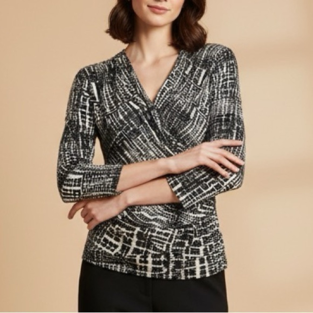 MAX MARA Black White Abstract Crackle Print Faux Wrap Surplice Draped Blouse Top